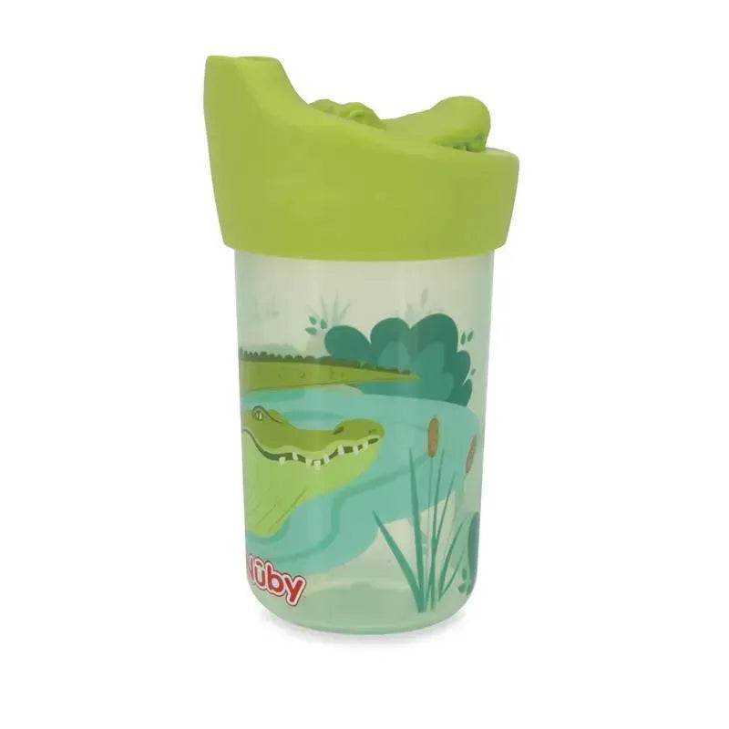 Nuby 3D Character Cup featuring an alligator design, with a green lid and aquatic-themed decoration.
