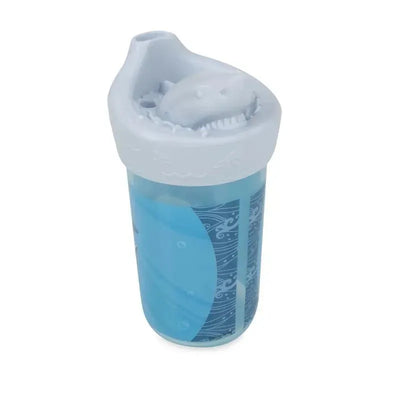 3D character cup designed like a shark, featuring a light blue body and a detailed shark head on the lid.