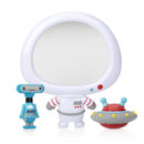 Nuby 3-pack astronaut mirror baby bathtub toy set featuring a round mirror, a robot, and a UFO.