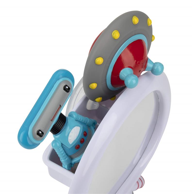 Colorful Nuby astronaut mirror bath toy set featuring a mirror, a robot, and a spaceship design for baby play.