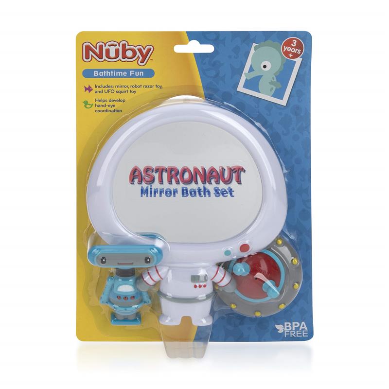 Nuby 3-pack bathtub toy set featuring an astronaut mirror, robot toy, and UFO squirt toy, promoting hand-eye coordination.