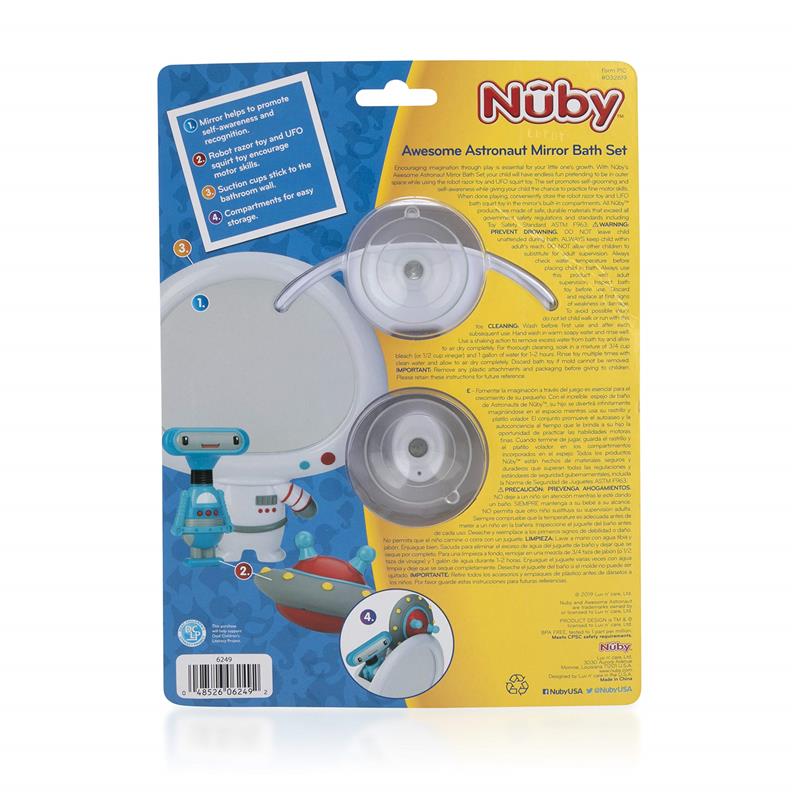 Nuby 3Pk Astronaut Mirror Baby Bathtub Toy Set featuring an astronaut mirror, robot, and UFO illustrations on the packaging.