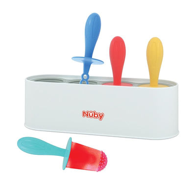 Silicone popsicle molds set from Nuby with colorful handles, featuring a completed popsicle in red and blue.