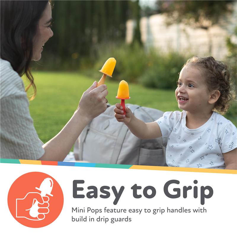Silicone popsicle molds for toddlers, featuring easy grip handles and drip guards, held by a smiling adult and child outdoors.