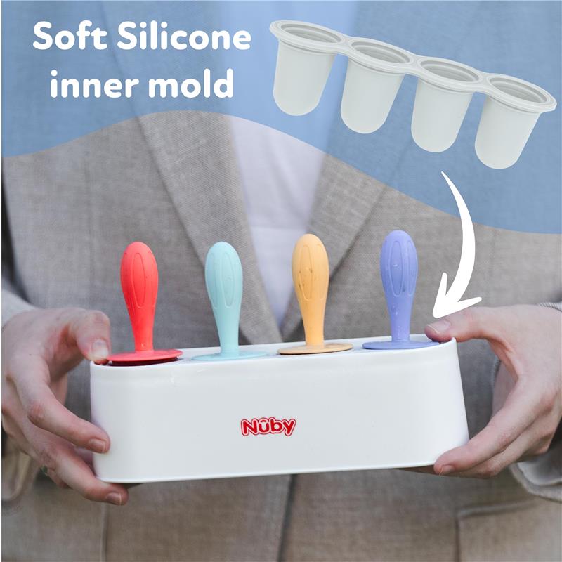 Silicone popsicle molds by Nuby in a white holder, featuring colorful handles and a visual note on the soft inner mold.