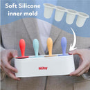 Silicone popsicle molds by Nuby in a white holder, featuring colorful handles and a visual note on the soft inner mold.