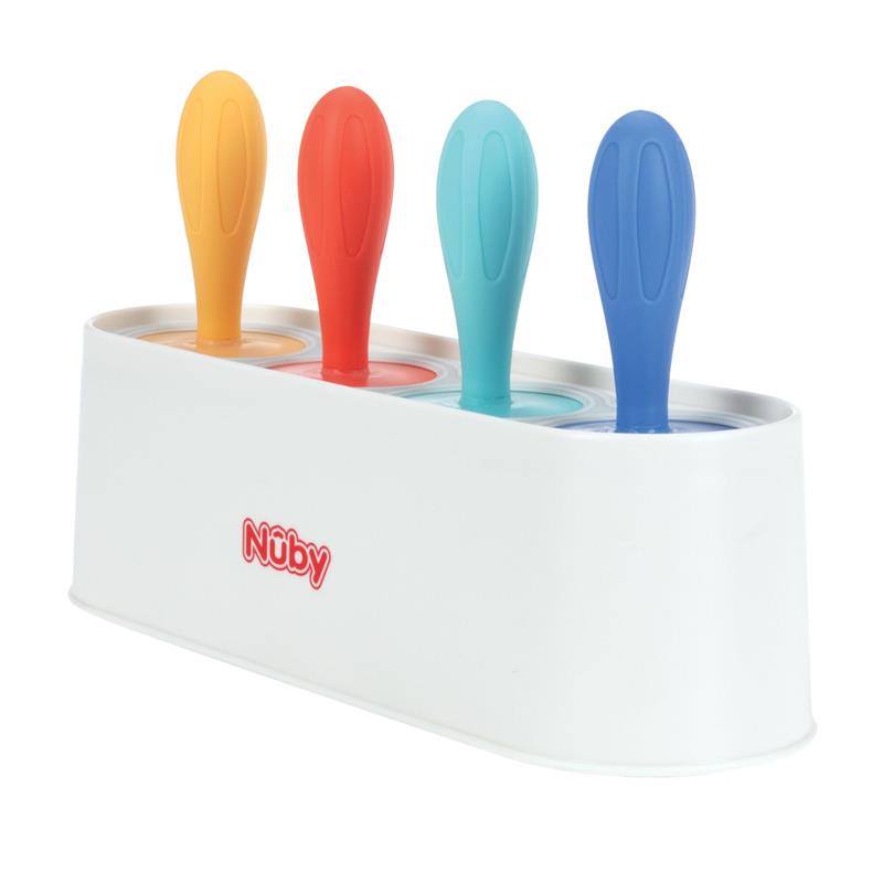 Colorful silicone popsicle molds for toddlers, featuring orange, red, blue, and teal handles in a white base.