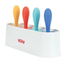 Colorful silicone popsicle molds for toddlers, featuring orange, red, blue, and teal handles in a white base.
