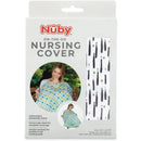 Nuby 5-In-1 Nursing Cover packaging showcasing a woman using the cover, featuring a geometric pattern and details on size and fabric.