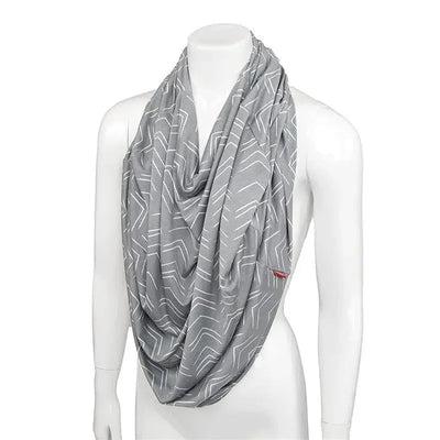 Nuby 5-In-1 Nursing Cover in chevron print, displayed on a mannequin, featuring a soft gray fabric with subtle white zigzag patterns.