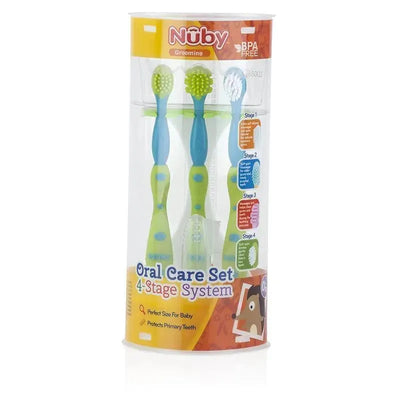 Nuby 5Pk Tooth & Gumcare Kit featuring four colorful toothbrushes for different stages of oral care in a clear packaging.