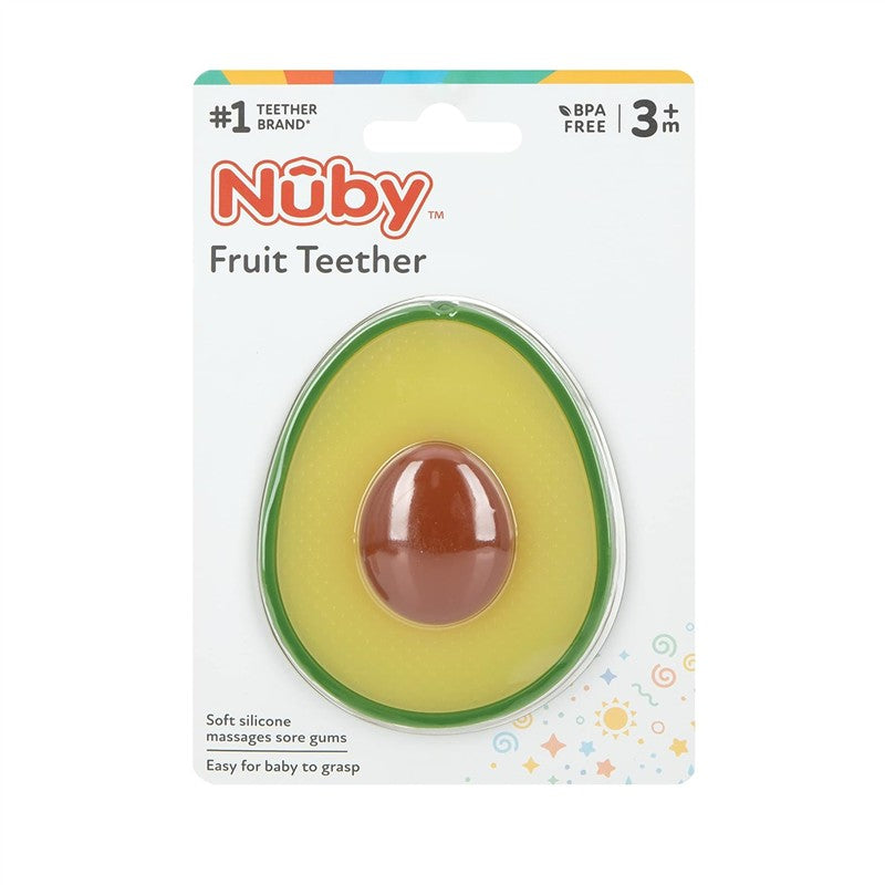 Nuby All Silicone Fruit Teether in avocado shape with a brown pit, designed for babies 3+ months, BPA free.