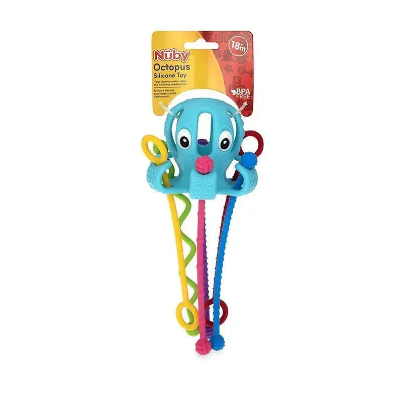 Nuby Octopus silicone pull string interactive toy with colorful tentacles and a friendly face, suitable for ages 18 months and up.