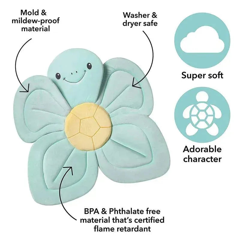 Nuby Bathing Turtle baby bath sink insert, soft flower design, mildew-proof, washer safe, BPA-free, and flame retardant.