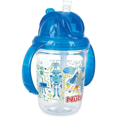 Nuby Blue Tritan no-spill cup with a fat straw, 8oz capacity, featuring colorful robot and space-themed designs.