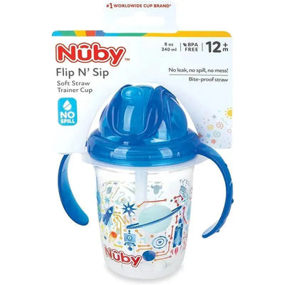 Nuby blue Tritan 8 oz no-spill trainer cup with flip-top and soft straw, featuring colorful space-themed illustrations.