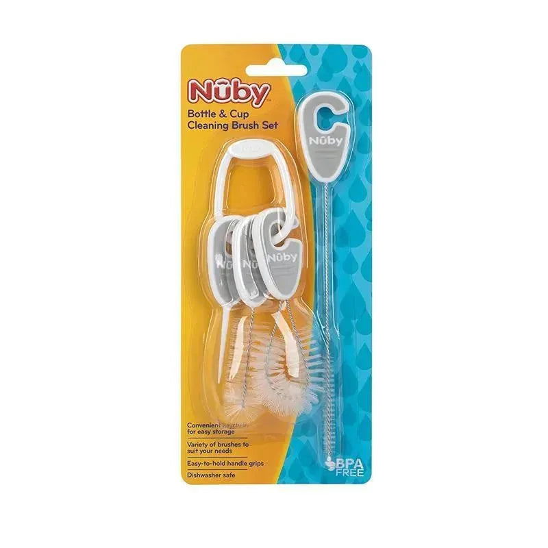 Nuby Bottle and Cup All Around Cleaning Brush Set featuring multiple brushes with easy-to-hold grips, packaged for storage.