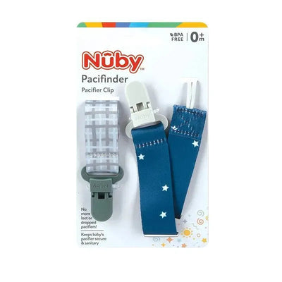 Nuby pacifier clip holder set featuring two clips: one gray plaid, one blue with stars, packaged for ages 0+.