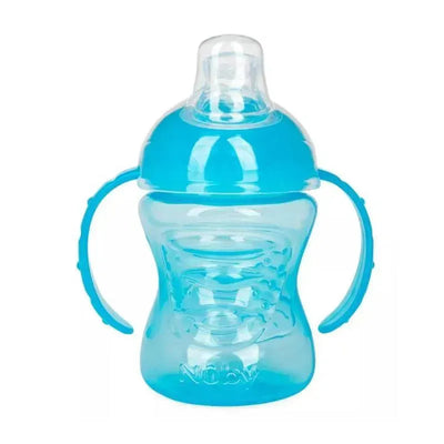 Bright blue Nuby 8oz trainer cup with no-spill super spout and handles for easy grip.
