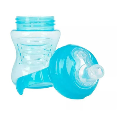 Bright blue Nuby No Spill Super Spout Trainer Cup, featuring a twist-off lid and sippy spout, designed for toddlers.