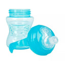 Bright blue Nuby No Spill Super Spout Trainer Cup, featuring a twist-off lid and sippy spout, designed for toddlers.