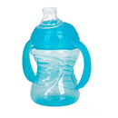Bright blue Nuby 8 oz No Spill Super Spout Trainer Cup with easy-grip handles and a clear body for visibility.