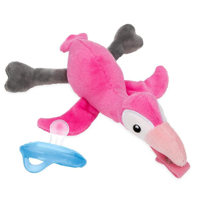 Nuby Calming Natural Flex Snuggleez pacifier set featuring a plush flamingo toy and a blue pacifier.