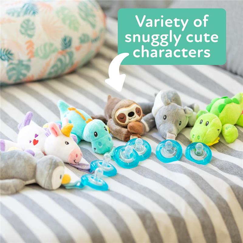 Nuby Calming Natural Flex Snuggleez Pacifier set featuring plush characters including a sloth, unicorn, and dinosaur, displayed with pacifiers.