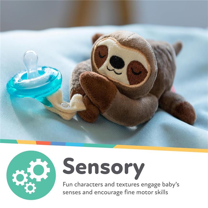 Nuby Calming Natural Flex Snuggleez Pacifier with a plush sloth, promoting comfort and sensory engagement for babies.