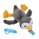 Nuby Calming Natural Flex Snuggleez pacifier set featuring a plush penguin with a blue pacifier.