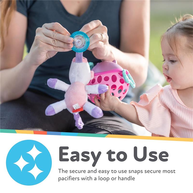 Nuby Calming Natural Flex Snuggleez Pacifier with plush penguin, demonstrating ease of use with a parent and child.