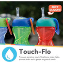 Three Nuby Clik-It Flexi Straw Cups in boy colors (blue, green, red) with soft silicone straws and carabiners.