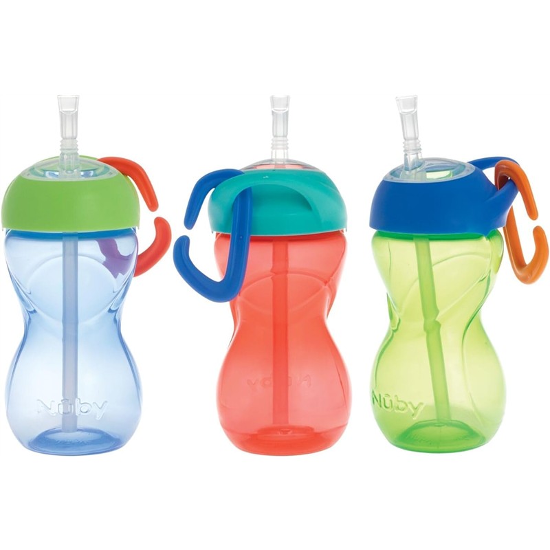 Nuby Clik-It Flexi Straw Cups, 10 oz, 3-pack in boy colors with carabiners; colors include blue, red, and green.