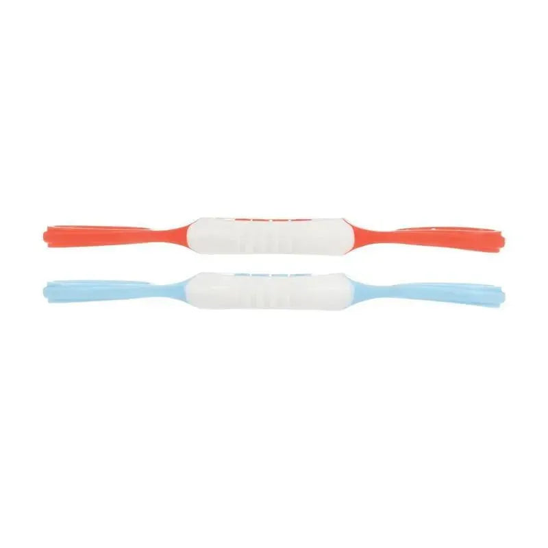 Two Nuby Dip & Scoop Spoons in red and blue, designed for young children, featuring textured handles for grip.