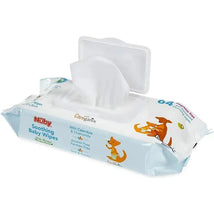 Nuby Soothing Baby Wipes package featuring 64 unscented wipes, with illustrations of a dog and fox, and details on ingredients.