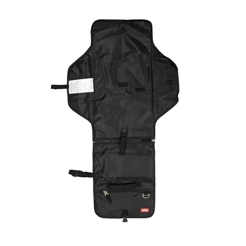 Portable black changing pad with case featuring zippers and straps for secure use and storage.