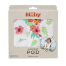 Bright floral print nursing pillow cover set for Nuby Support Pod, featuring colorful flowers and baby illustration.