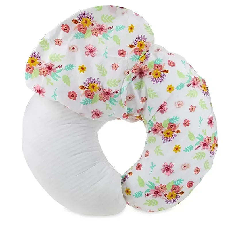 Bright floral print nursing pillow cover set by Nuby, featuring a soft white interior and colorful floral designs.