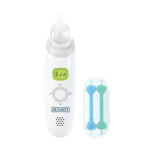 Electric nasal aspirator by Nuby includes a display button and two nose and ear cleaning tools in a case.