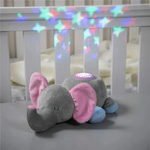 Plush elephant night light projecting colorful stars, designed for soothing infants in a crib.