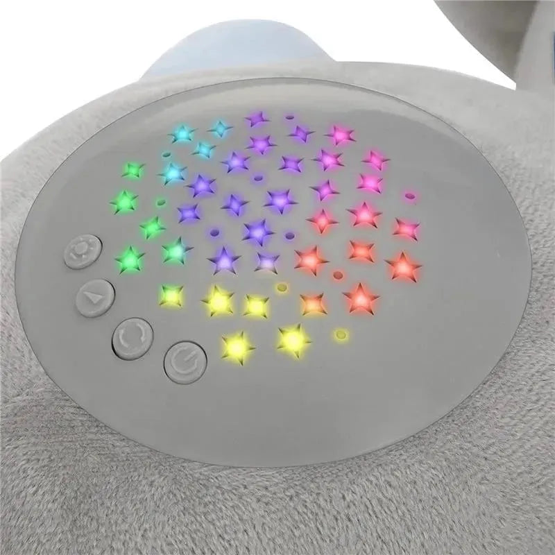 Plush elephant night light with a control panel, featuring colorful star projections and soft textured fabric.