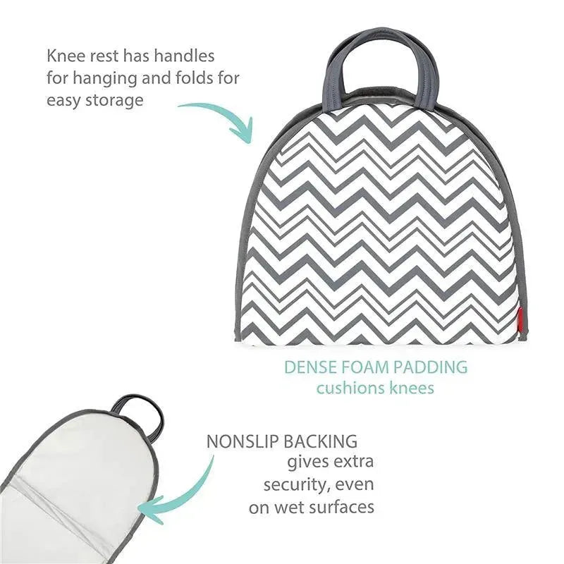 Folding knee pad with chevron pattern, featuring handles for storage, dense foam padding, and nonslip backing for security.