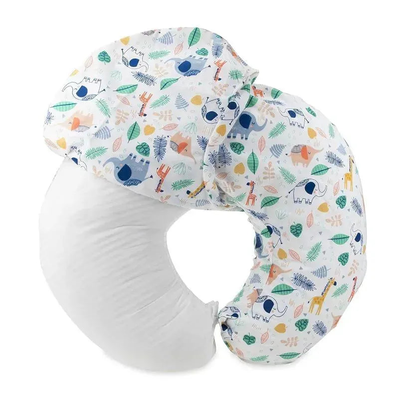 Nuby Dr. Talbots nursing pillow cover featuring a colorful jungle animal print on a white background.