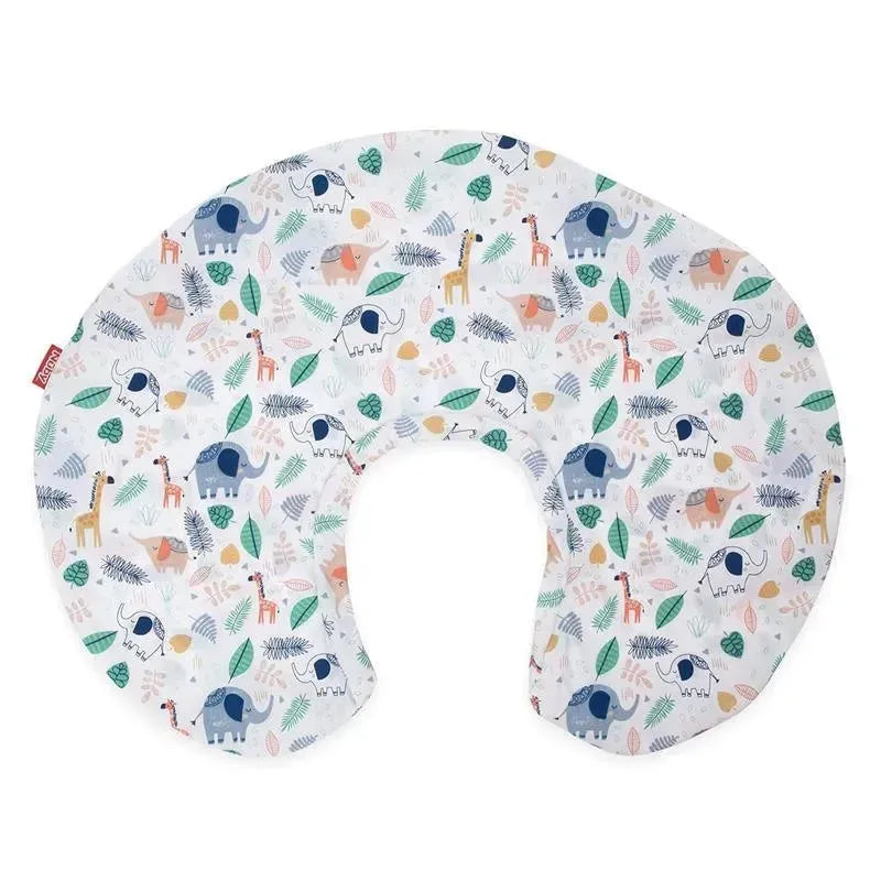 Nuby Dr. Talbots nursing pillow cover featuring a jungle print with elephants, giraffes, and leaves.