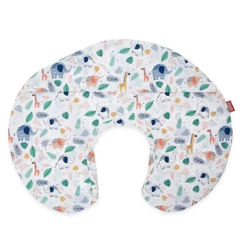 Nuby Dr. Talbots nursing pillow cover featuring a colorful jungle pattern with elephants, giraffes, and leaves.