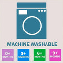 Machine washable symbol with age recommendations: 0+ months, 3+ months, 6+ months, and 9+ months.