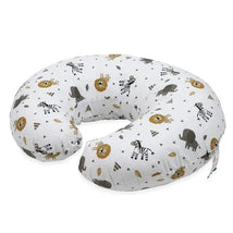 Support pod nursing pillow featuring a white fabric adorned with zoo animal patterns, designed for infant breastfeeding.