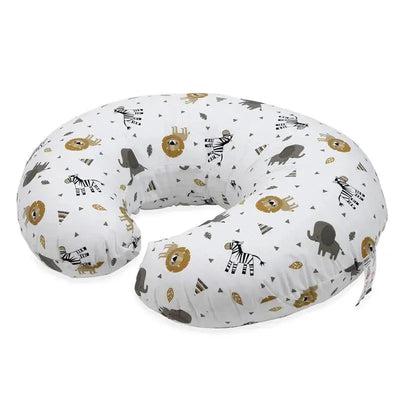 Support pod nursing pillow featuring a white fabric adorned with zoo animal patterns, designed for infant breastfeeding.