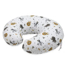 Support pod nursing pillow featuring a white fabric adorned with zoo animal patterns, designed for infant breastfeeding.