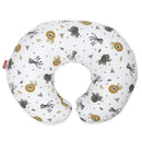 Infant nursing pillow featuring a zoo animals design with lions, elephants, and zebras on a white background.